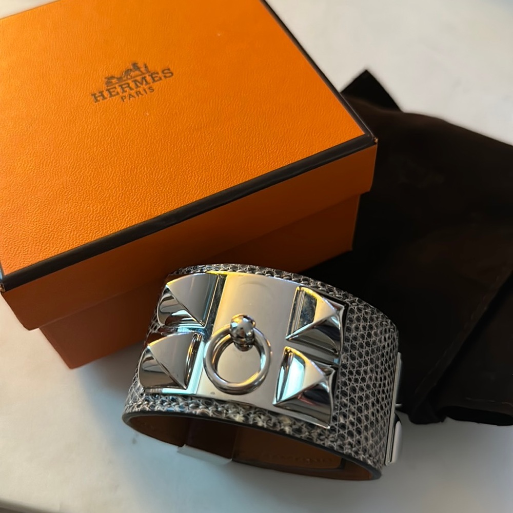 AUTHENTIC Hermes Natura Lizard and Palladium Plates Collier de Chien Bracelet T3